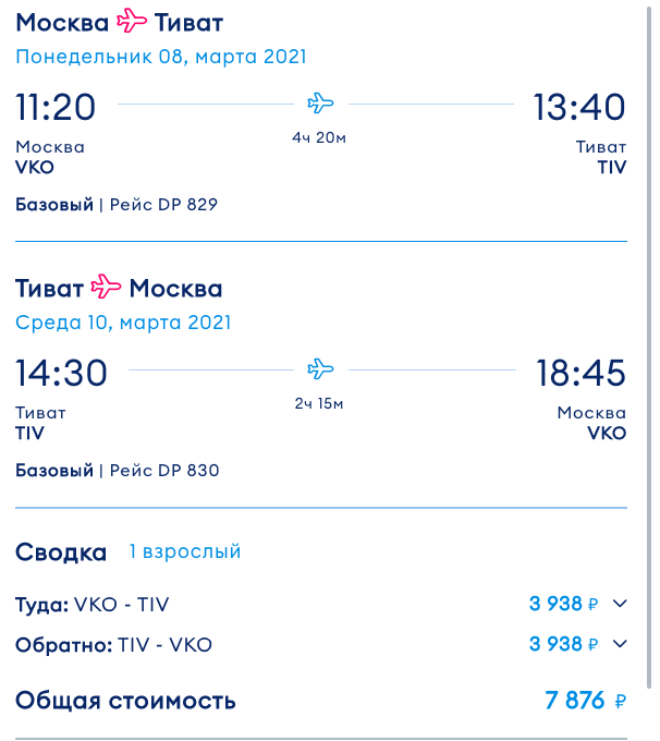 цена авиабилета в черногорию